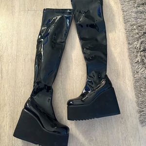 Black knee high patent wedge boot